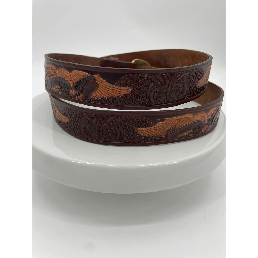 Vintage Western Belt Mens 50 Brown‎ Top Grain Leather Tooled Eagle Brass Buckle